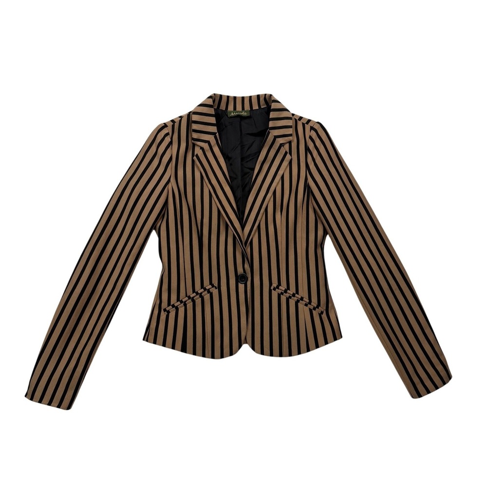 Maude Juniors Small Tan Black Striped Fitted Blazer One Button Jacket